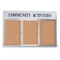 Enclosed Triple Door Corkboard-With Header-Indoor by United Visual-72"W x 36"H