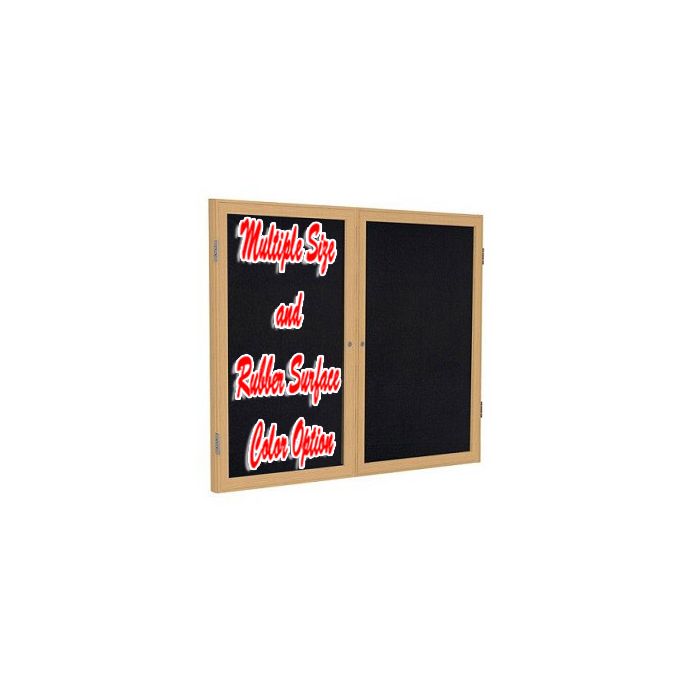 2-Door Wood Frame Oak Finish Enclosed Recycled Rubber Tackboard