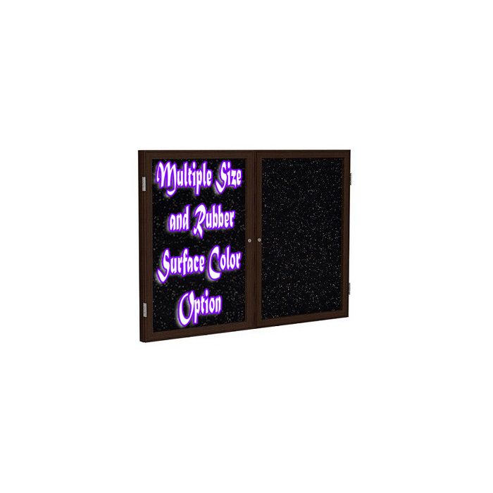 2-Door Wood Frame Walnut Finish Enclosed Recycled Rubber Tackboard