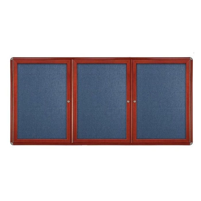 3-Door Ovation Blue Fabric Tackboard - Cherry Wood Look Finish/Black Corners
