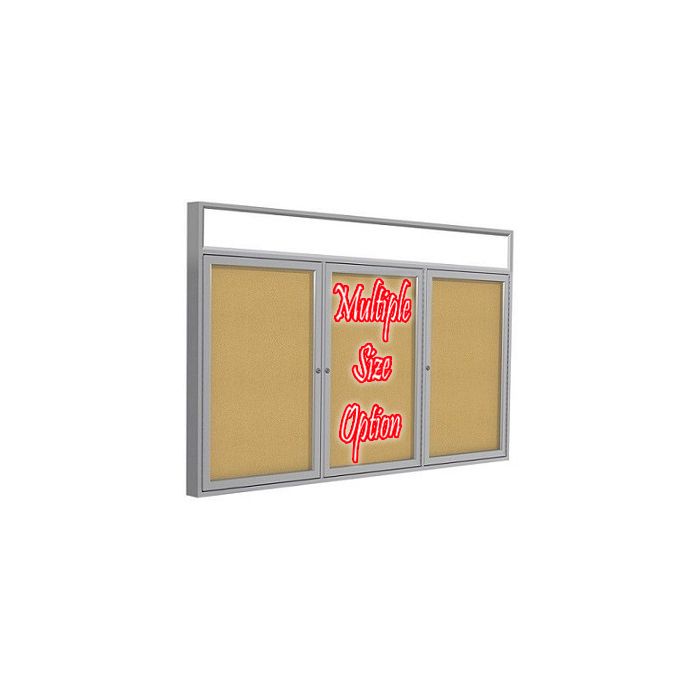 3-Door Satin Aluminum Frame w/ Illuminated Headliner Enclosed Tackboard - Natural Cork