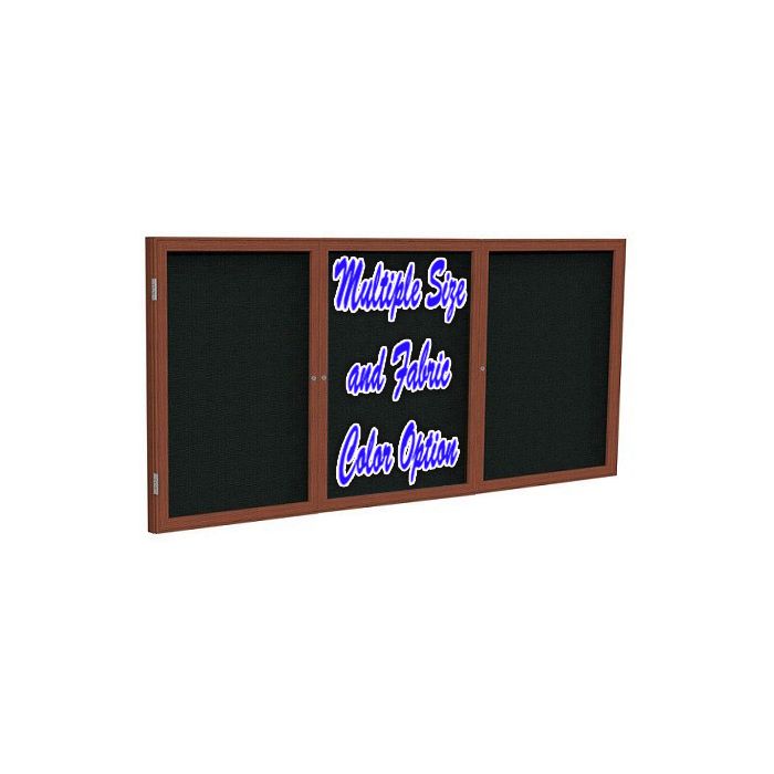 3-Door Wood Frame Cherry Finish Enclosed Fabric Tackboard