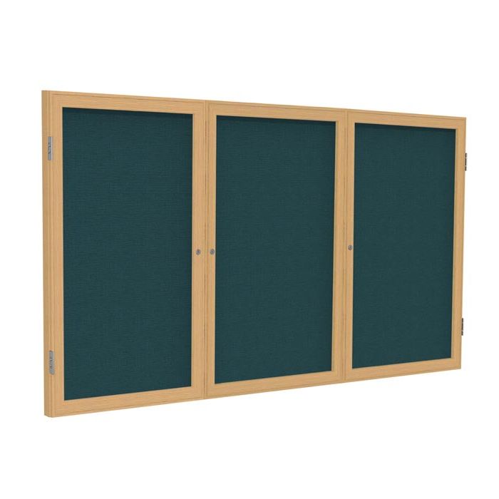 3-Door Wood Frame Oak Finish Enclosed Fabric Tackboard