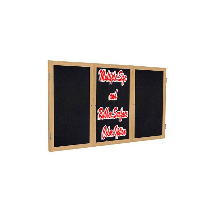 3-Door Wood Frame Oak Finish Enclosed Recycled Rubber Tackboard