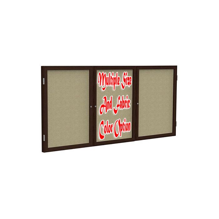 3-Door Wood Frame Walnut Finish Enclosed Fabric Tackboard