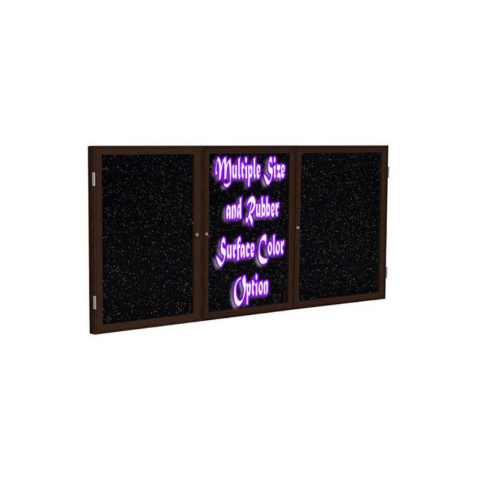 3-Door Wood Frame Walnut Finish Enclosed Recycled Rubber Tackboard