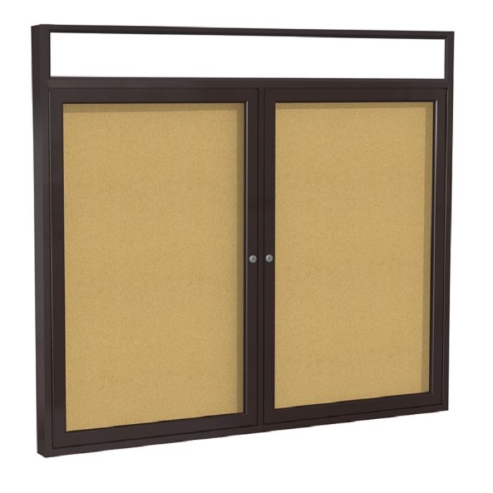 2-Door Bronze Aluminum Frame w/ Headliner Enclosed Tackboard - Natural Cork