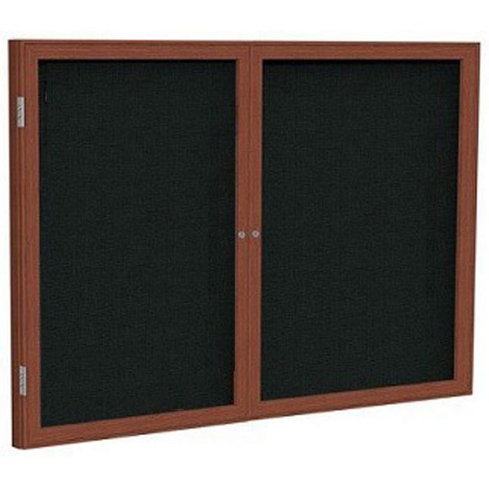 2-Door Wood Frame Cherry Finish Enclosed Fabric Tackboard