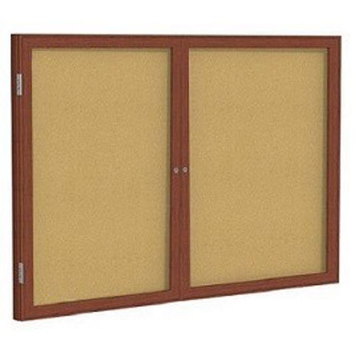 2-Door Wood Frame Cherry Finish Enclosed Tackboard - Natural Cork