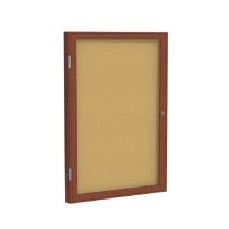 1-Door Wood Frame Cherry Finish Enclosed Tackboard - Natural Cork